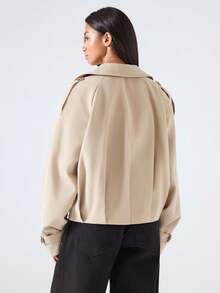 LYSMO Áo khoác trench coat cài nút màu trơn thường ngày cho nữ, mùa thu - Màu Khaki - Xem 2