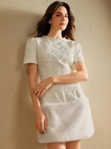 Anewsta Đầm mini dáng chữ A màu trơn, họa tiết hoa 3D, chất liệu jacquard, viền ngọc trai, cổ tròn, vai thường, tay phồng. - Màu be - Xem 7