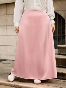 Elenzga Plus Size Elegant Satin Silk Shiny Texture Skirt - Baby Pink - View 10