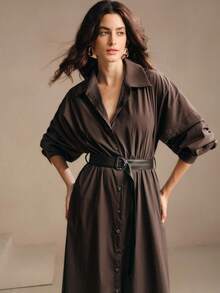 Anewsta Váy sơ mi đô thị thanh lịch tối giản thời trang thu đông kèm thắt lưng, váy nữ - Cà phê - Xem 5