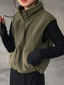 FRIFUL 女士休闲纯色无袖夹克，适合秋冬穿着 - 綠色 - 查看 5