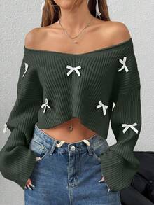 EURMUSE Women's Casual Cute V-Neck Dropped Shoulder Loose 3D Bow Decor Cropped Pullover Sweater, Autumn/Winter - Army Green - View 3