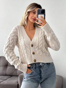 EURMUSE Áo len cardigan nữ màu trắng dệt kim cáp - Màu be - Xem 1