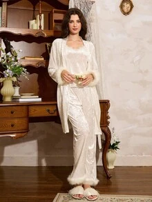 Côtesoire French Elegant Solid Color Velvet Patchwork Fringed Elegant French Luxurious Royal, Autumn/Winter Velvet 3 Pieces Pajama Sleepwear Set , Fall Clothes - White - View 5