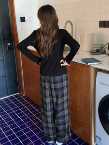 DAZY 少女秋季宽松舒适V领T恤和格子直筒裤休闲家居服，秋季 - 黑色 - 查看 6
