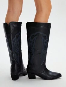 Styleloop 女式铆钉拉链刺绣装饰粗跟尖头一脚蹬靴，适合假日、户外、鲨鱼靴、黑色靴子、西部靴、核心 - 黑色 - 查看 2