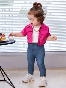 SHEIN Toddler Girl Everyday Casual Plain Blue Imitation Denim Long Pants With Pocket Details Toddler Jeans Pack Toddler Leggings Fall Winter - Blue - View 5