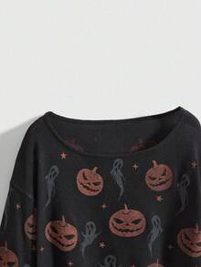 ROMWE Gothic Pumpkin & Ghost Ripped Knit Pullover Knit Top, Halloween - Black - View 3