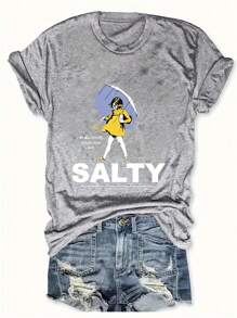 EMERY ROSE Plus Size Salty With Umbrella Graphic Tee - Vintage Style Summer Beachwear For Women, Perfect For Vacation And Everyday Wear - Light Grey - View 1