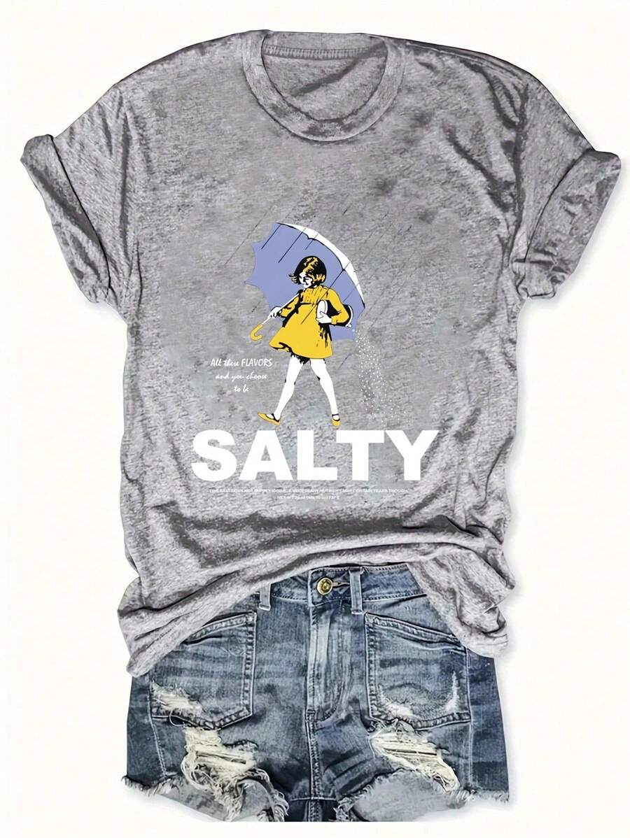 EMERY ROSE Plus Size Salty With Umbrella Graphic Tee - Vintage Style Summer Beachwear For Women, Perfect For Vacation And Everyday Wear - Light Grey - View 1