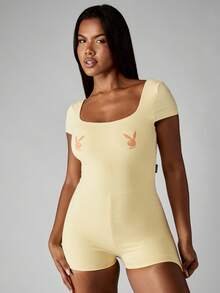 Missguided x Playboy Square Neck Retro Style Unitard Playsuit Short Sleeve Bodysuit Bunny Logo Print Backless Romper Summer Festival Party Y2K Streetwear - Yellow - View 3