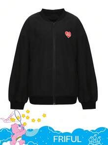 FRIFUL SHEIN X Care Bears 女士休闲时尚街头卡通熊印花落肩宽松夹克 - 黑色 - 查看 12