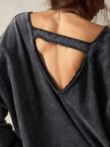 Bohemela 女士休闲纯色 V 领露背蝙蝠袖长袖宽松套头衫 - 黑色 - 查看 4