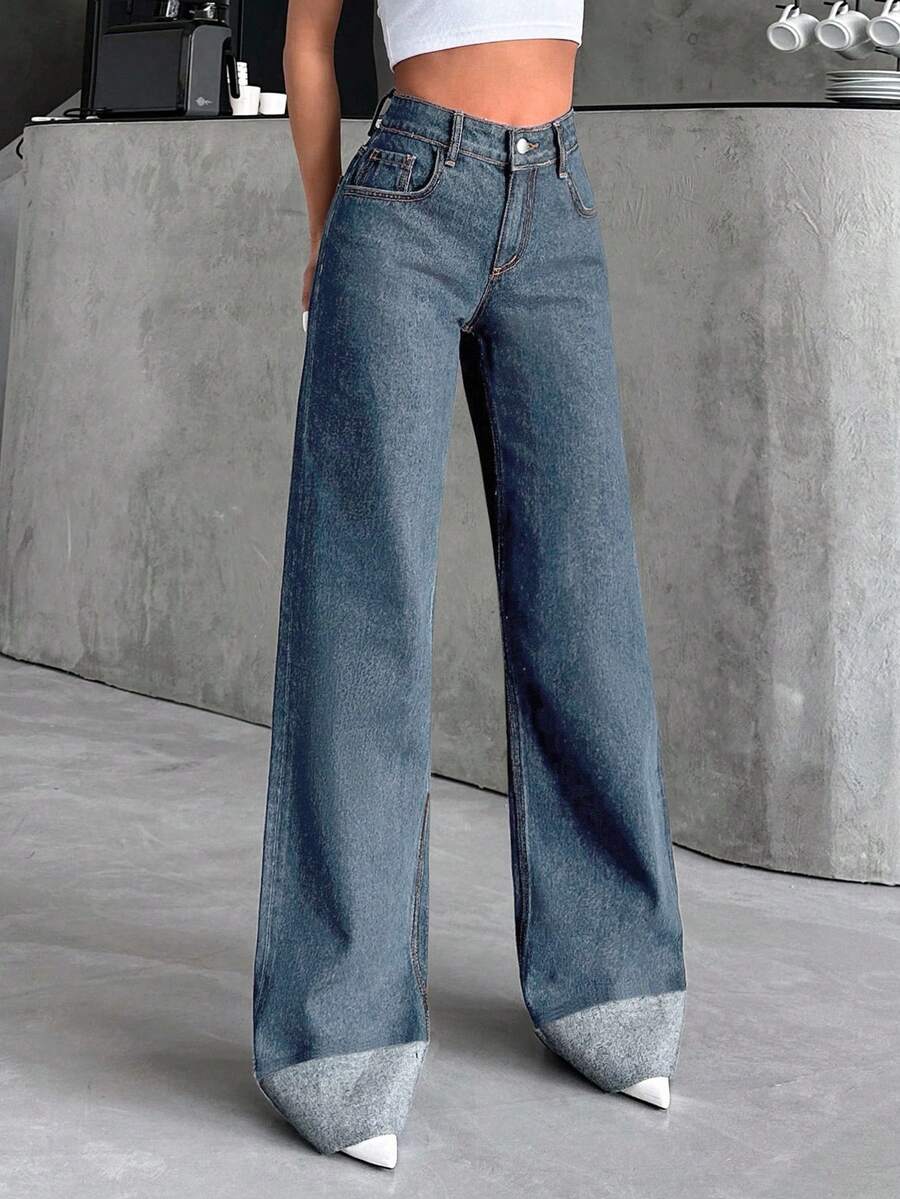 SHEIN Tall High Waist 100% Pure Cotton Cuffed Wide Leg Jeans - Light Wash - View 1