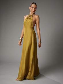 SHEIN Haute Women's Summer Sexy Vacay Neck Metal Detail Low Back Linen Shiny Fabric Maxi Dress - Khaki - View 1
