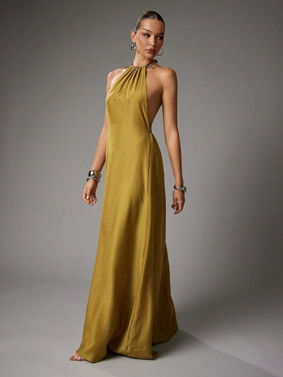SHEIN Haute Women's Summer Sexy Vacay Neck Metal Detail Low Back Linen Shiny Fabric Maxi Dress - Khaki - View 1