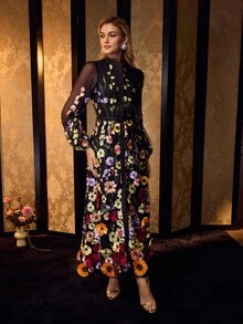 MOTF PREMIUM MESH EMBROIDERY FLORAL PATTERN LANTERN SLEEVE BUCKLE BELTED LONG DRESS - Black - View 6