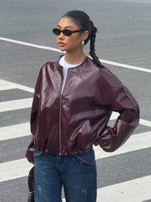 Muchica Autumn/Winter Burgundy PU Leather Round Neck Loose Short Jacket For Going Out Outfits, Back To School, Streetwear, Y2K Clothes - Burgundy - View 5