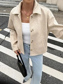 SHEIN Frenchy 女士休闲日常纽扣前开襟落肩外套，秋季 - 卡其色 - 查看 3