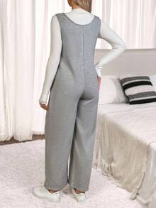 SHEIN Maternity Solid Color Versatile Knit Scoop Neck Sleeveless Jumpsuit - Grey - View 2