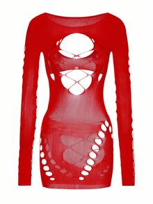 ChaseTheNight 一件女士性感紫红色紧身半透明渔网连衣裙，适合派对、夜店、海滩、圣诞节等场合。 - 紅色 - 查看 6