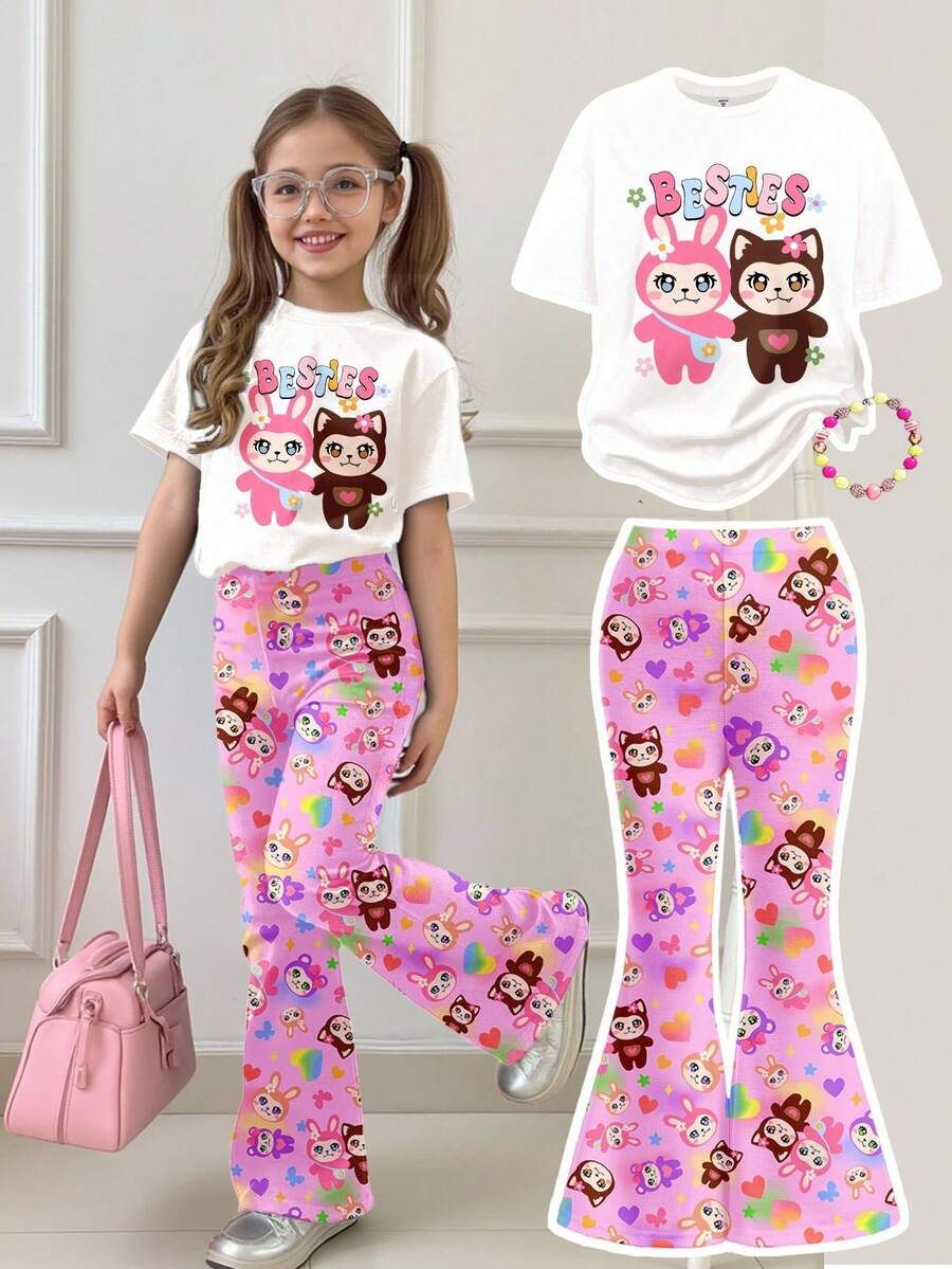 SHEIN Bộ 2 áo thun cổ tròn tay ngắn dễ thương, họa tiết hoạt hình vui nhộn màu hồng và quần ống loe cho bé gái tuổi teen, phù hợp cho mùa hè - Nhiều màu - Xem 1