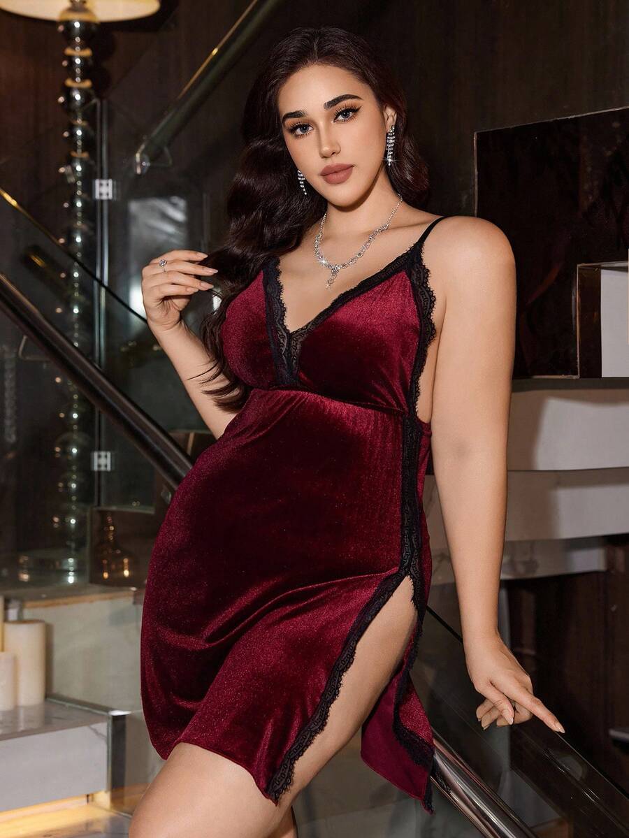 SilkySpell 1pc Women's Sexy Deep V-Neck Slip Dress, Luxury Velvet Lace ...