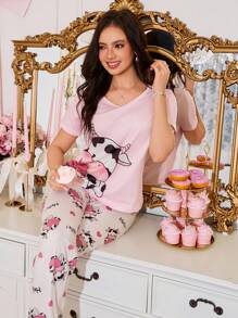 SHEIN 2 件套可爱奶牛印花针织短袖睡衣套装，舒适睡衣 - 彩色 - 查看 3