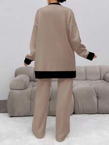 EURMUSE Women's Open Front Colorblock Cardigan And Knitted Pants Set - Multicolor - View 2