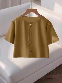 Franclia Fashionable High-End Round Neck Short Sleeve Button-Up Blouse For Women