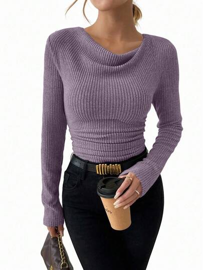 RosyDaze Vintage Asymmetrical Draped Neck Textured Ruched Fitted Long Sleeve T-Shirt Fall Cloth For Women Ribbed Top Purple Sweater Purple Top Women Long Sleeve Top Cowl Neck Top