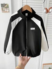 SHEIN Jaket Baseball Kerah Tegak dengan Warna Kontras untuk Remaja Perempuan, Kasual dan Serbaguna, Cocok untuk Kembali ke Sekolah, Cocok untuk Ibu dan Anak, Musim Gugur dan Musim Dingin - Hitam dan Putih - View 1