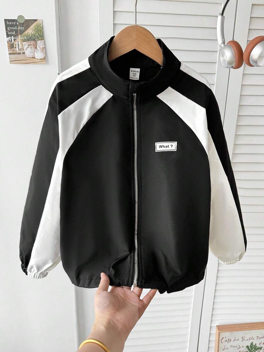 SHEIN Jaket Baseball Kerah Tegak dengan Warna Kontras untuk Remaja Perempuan, Kasual dan Serbaguna, Cocok untuk Kembali ke Sekolah, Cocok untuk Ibu dan Anak, Musim Gugur dan Musim Dingin - Hitam dan Putih - View 1