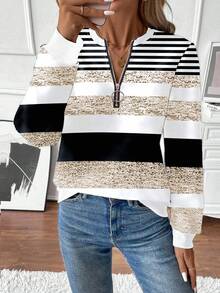 EMERY ROSE Women's Fashion Sweatshirt, Round Neck, Long Sleeve, Half-Zip, Contrast Ribbed Collar, Cuffs And Hem, Asymmetrical Striped Print, Grey Fall Cloth For Women