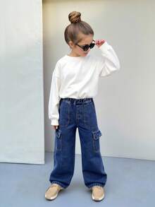 SHEIN Girls' Casual All-Match Loose Straight Leg Washed Denim Cargo Pants, Versatile & Comfortable Essential Item For 2025 Fall Winter Street Vintage Retro Washed 2000s Slant Pocket Raw Trim Denim Baggy - Dark Wash - View 3