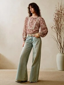 Arave Women's Viscose Fabric, Loose-Fitting Retro Paisley Print, Tie-Neck Collar, Lace Cuffs, And Patchwork Design For Everyday Casual Wear Fall Clothes For Women Western Wear Women Boho Women Clothing Country Outfits Women