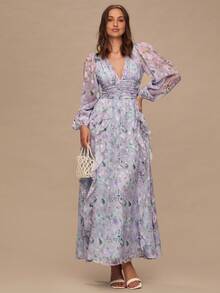 Enchnt Women's Elegant Floral Print Ruffle Hem Dress - Purple - View 4