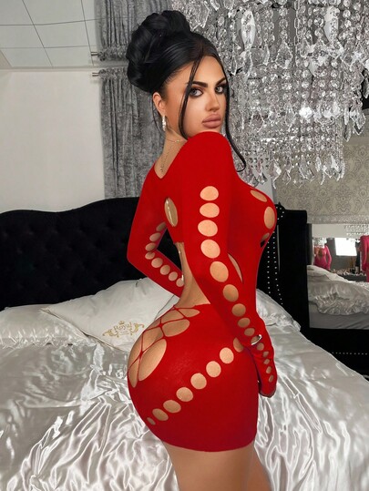 ChaseTheNight 1 pieza Vestido ajustado semitransparente de red de mujer en color fucsia, adecuado para fiesta, discoteca, playa