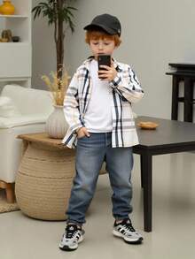 SHEIN 2pcs Young Boy Woven Plaid Casual Shirt And Pants Set Fall Winter - Blue - View 3