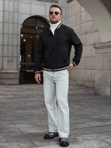 Manfinity CasualCool 2025男士秋冬户外夹克，新款男士秋季外套，秋冬夹克，男士秋冬户外保暖外套服装男士撞色休闲长袖夹克黑色飞行员夹克男士拉链飞行员夹克男士休闲夹克 - 黑色 - 查看 4