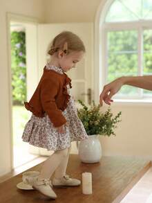 Vintaside Kids 2 件套女婴花卉印花长袖连衣裙和夹克套装，休闲时尚，适合春秋季日常穿着 - 彩色 - 查看 10