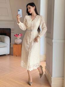 DAZY French Lace Long Sleeve Dress, New Slim Fit Elegant Elegant Casual Dress - Apricot - View 6