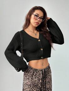 SHEIN PETITE White Lantern Sleeve Button Front Rib Knit Cardigan Cardigan Cropped Crop Top Sweater Cropped Cardigan In Fall/Winter - Black - View 7