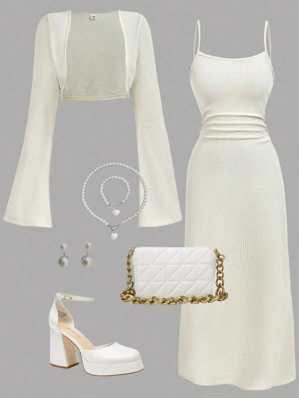 Girlism 2pcs/Set Teen Girls Beige Faux Fur Shawl Top And Fitted Dress Set, Elegant And Fashionable Casual Outfit White Two Piece Set Two Piece Set Women White Skirt Set Two Piece Outfits Fall Winter