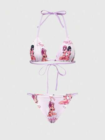 2 pièces Ensemble de maillot de bain à bonnets souples et nœud devant, inspiré de l'anime, pour femmes