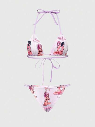 Conjunto de traje de baño de 2 piezas con taza suave y nudo delantero inspirado en anime para mujeres