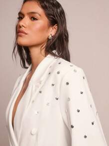 Glamine Modna damska cienka marynarka do pracy z cekinami, biała marynarka z ozdobnymi zdobieniami, biała marynarka z ćwiekami, damska biała marynarka z jesiennej tkaniny - Biały - Zobacz 2