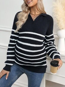 SHEIN Women's Striped Collar Maternity Sweater, Suitable For Commuting - Royal Blue - View 6