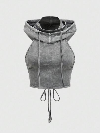 Grunge Punk Punk Apokalyptisches Musik Festival Kapuzen Rückenfrei Schnürdesign Figurbetontes Crop Top für Damen in Große Größen