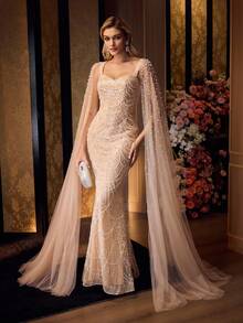 MOTF Soiréza BEADED & FAUX PEARL DETAIL SWEETHEART NECK EVEN DRESS - Champagne - View 6